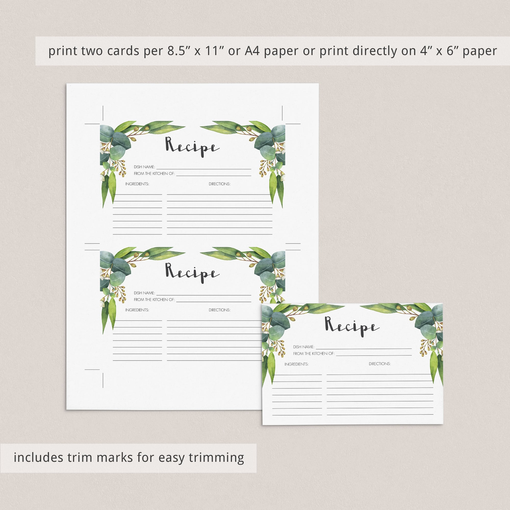 Green watercolor recipe cards download by LittleSizzle