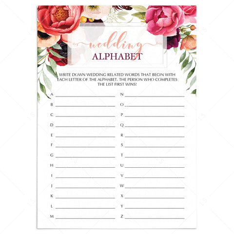 Red Roses Wedding Alphabet Game Printable | Instant download – LittleSizzle