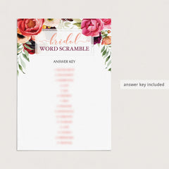 red and pink watercolour flowers bridalshower word scramble games