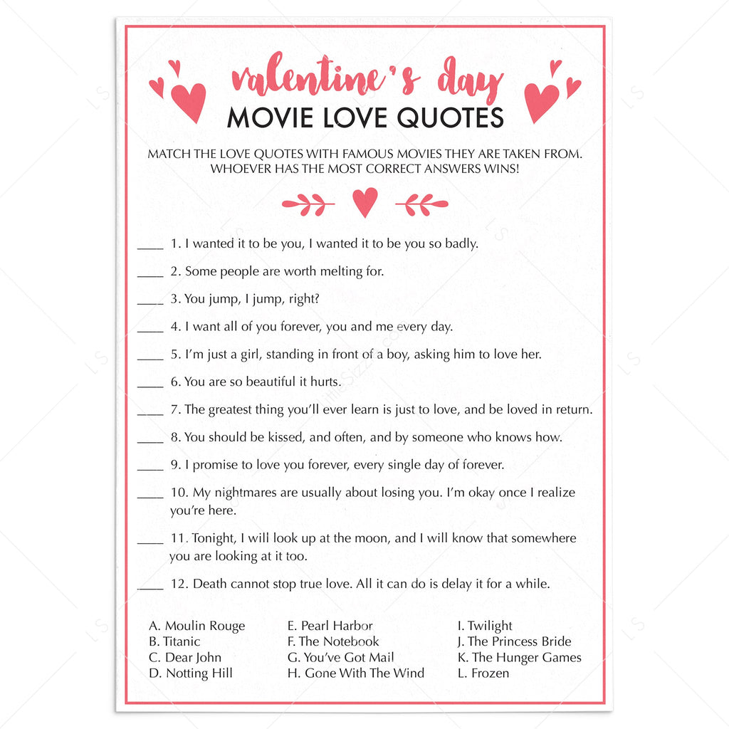 Valentine's Day Romantic Movie Quotes Game Instant Download | Virtual ...