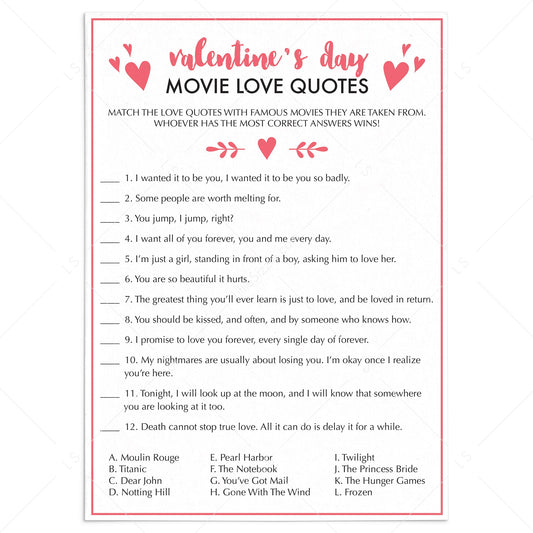 Valentine's Day Romantic Movie Quotes Game Instant Download by LittleSizzle
