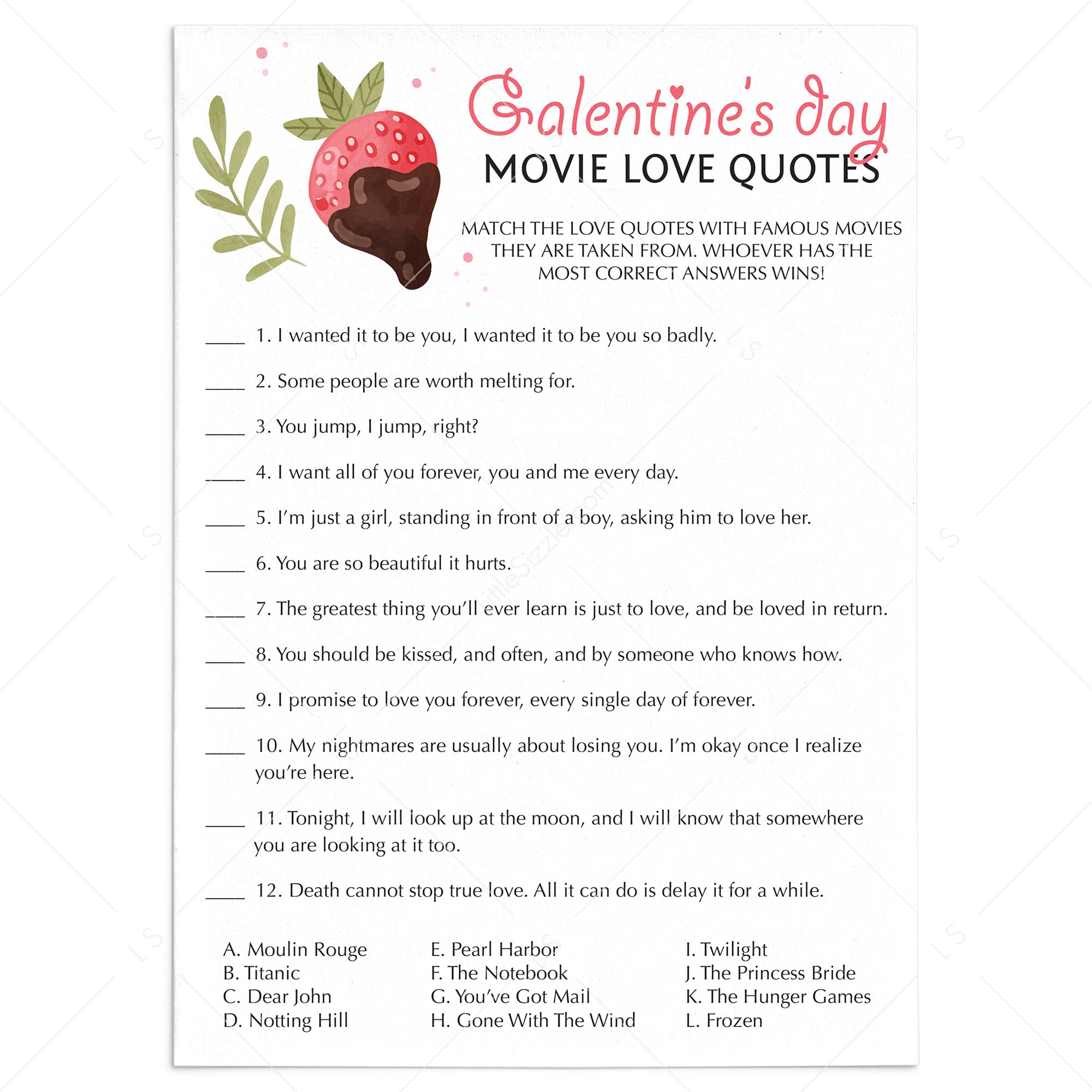 Zoom Galentine's Day Movie Quiz Instant Download by LittleSizzle