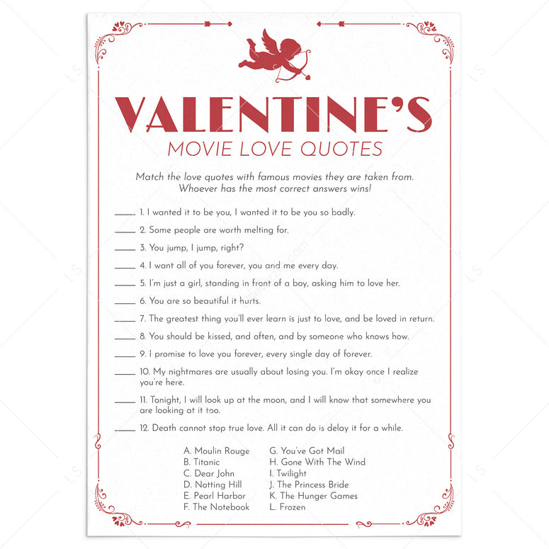 Romantic Movie Quotes Quiz for Valentine's Day Printables LittleSizzle