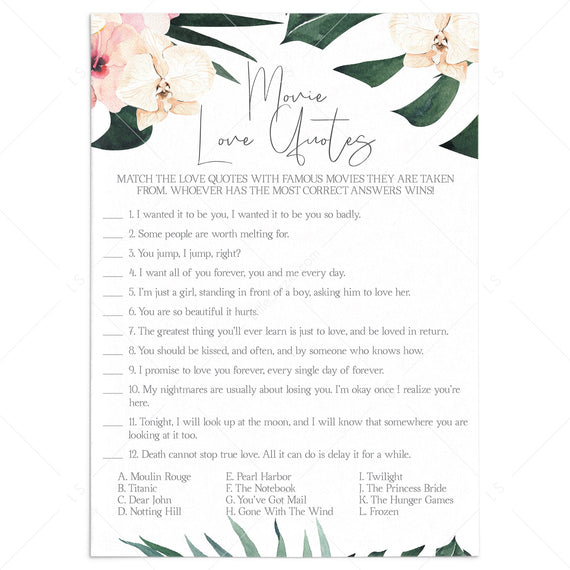 Romantic Movie Love Quotes Games Printable | Instant Download ...