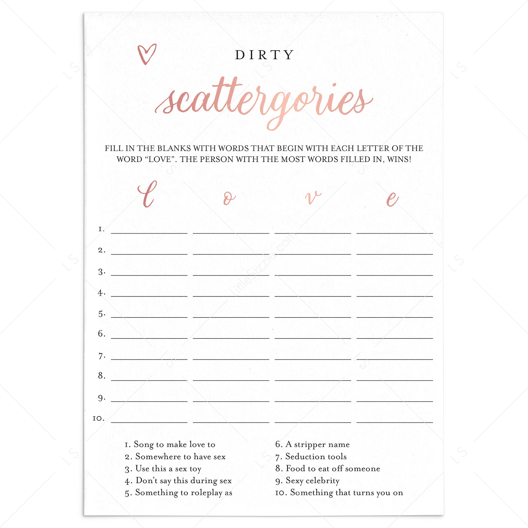 Rose Gold Hen Party Game Scattergories Printable by LittleSizzle
