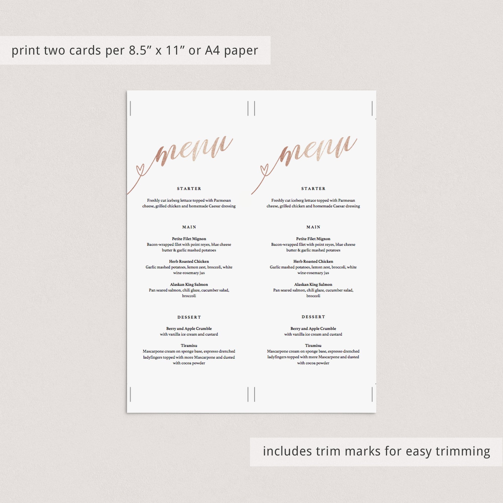 Rose gold party decorations printable menu card by LittleSizzle