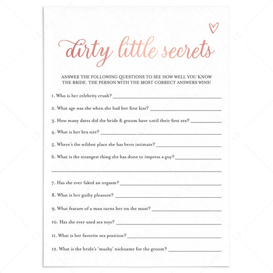 Brides Dirty Little Secrets Game Printable Rose Gold by LittleSizzle