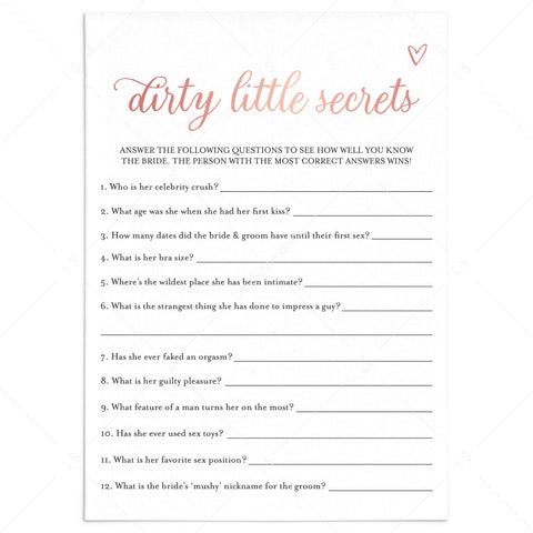 Brides Dirty Little Secrets Game Printable | Rose Gold – LittleSizzle