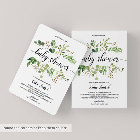 Greenery Baby Shower Invitation Template | Instant download editable ...