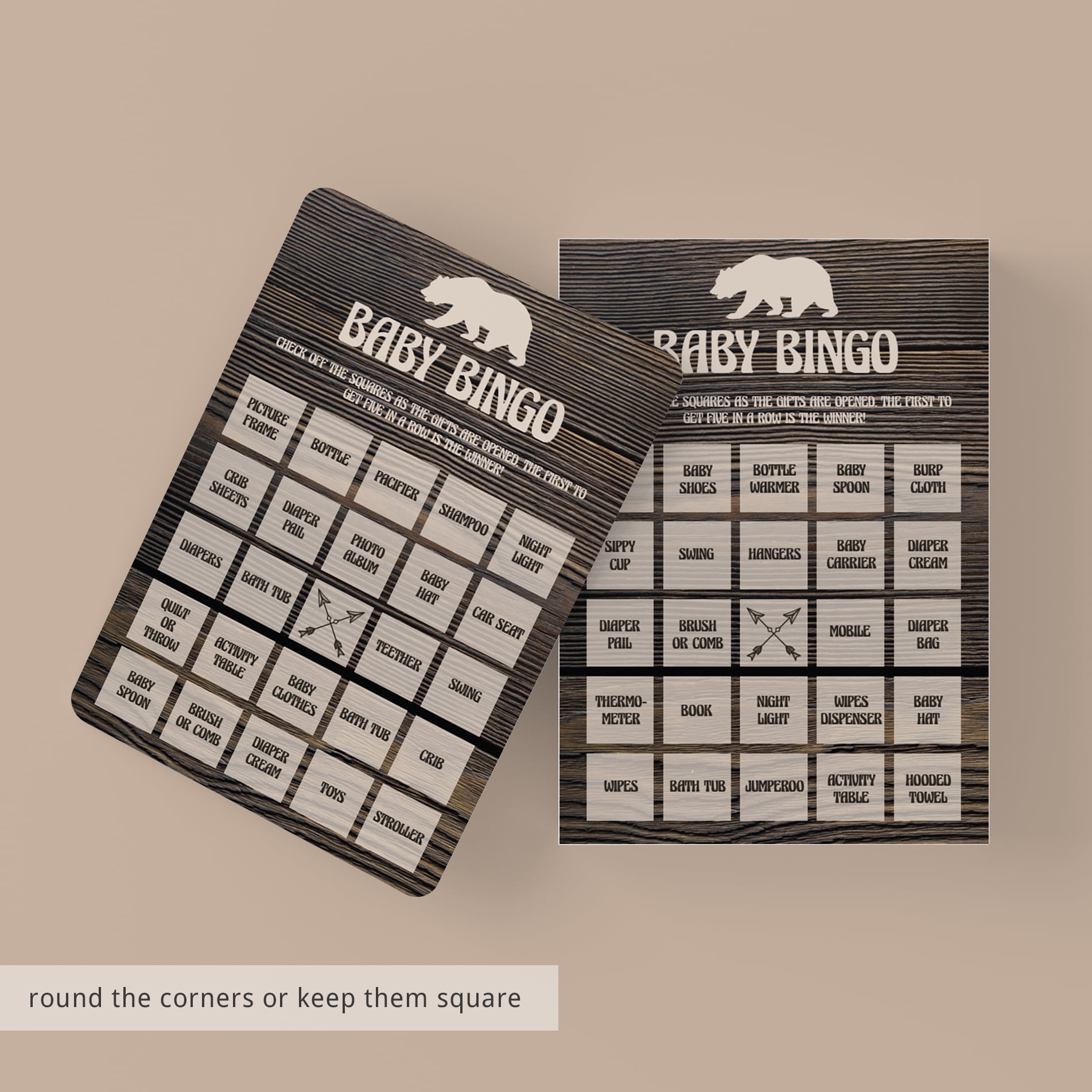 Prefilled bingo cards for wood adventure baby shower by LittleSizzle