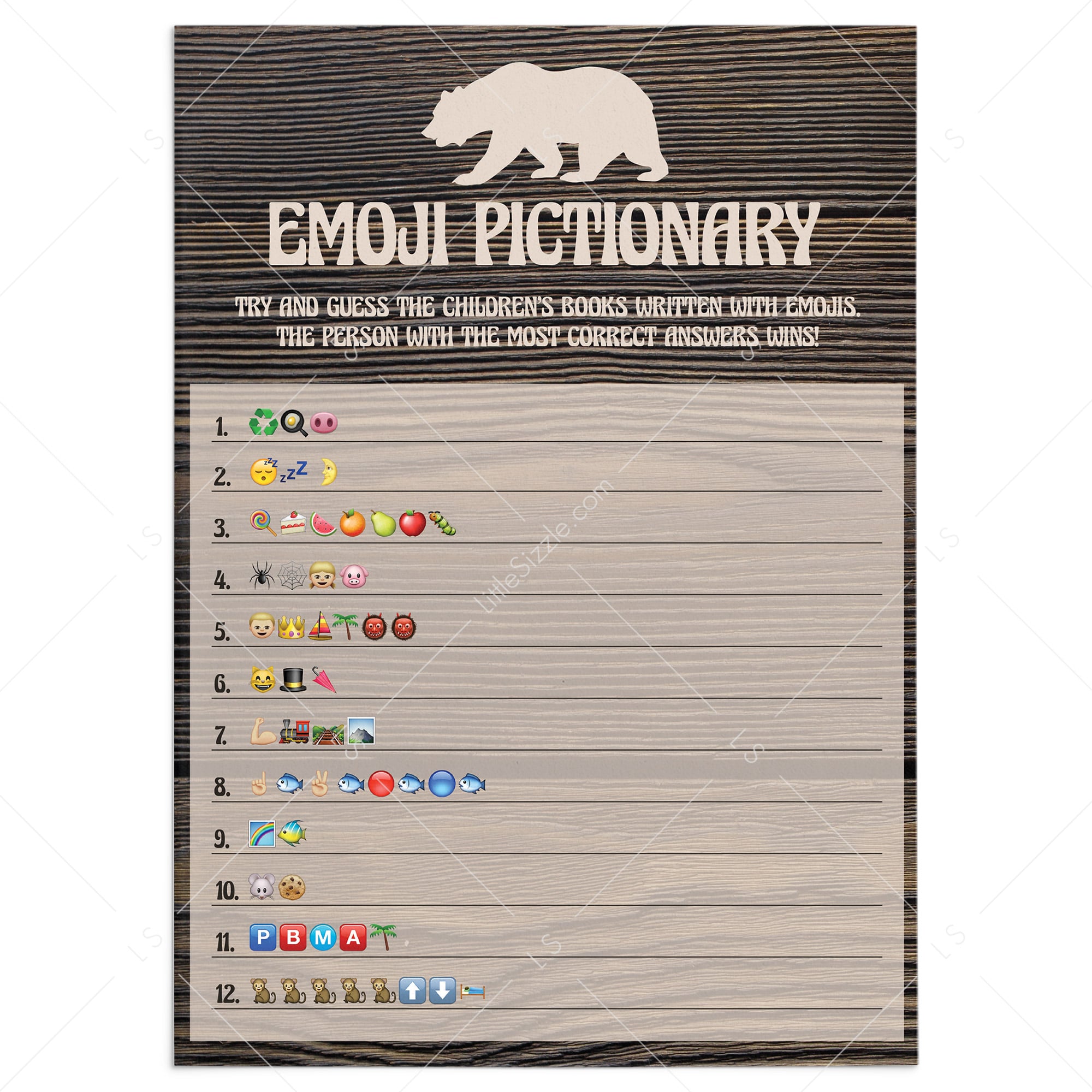 Woodland Theme baby shower emoji pictionary printable game by LittleSizzle