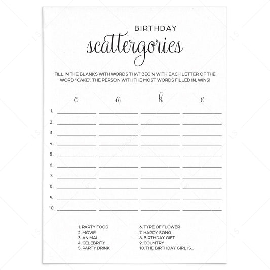 Fun Birthday Party Game for All Ages Printable Scattergories by LittleSizzle