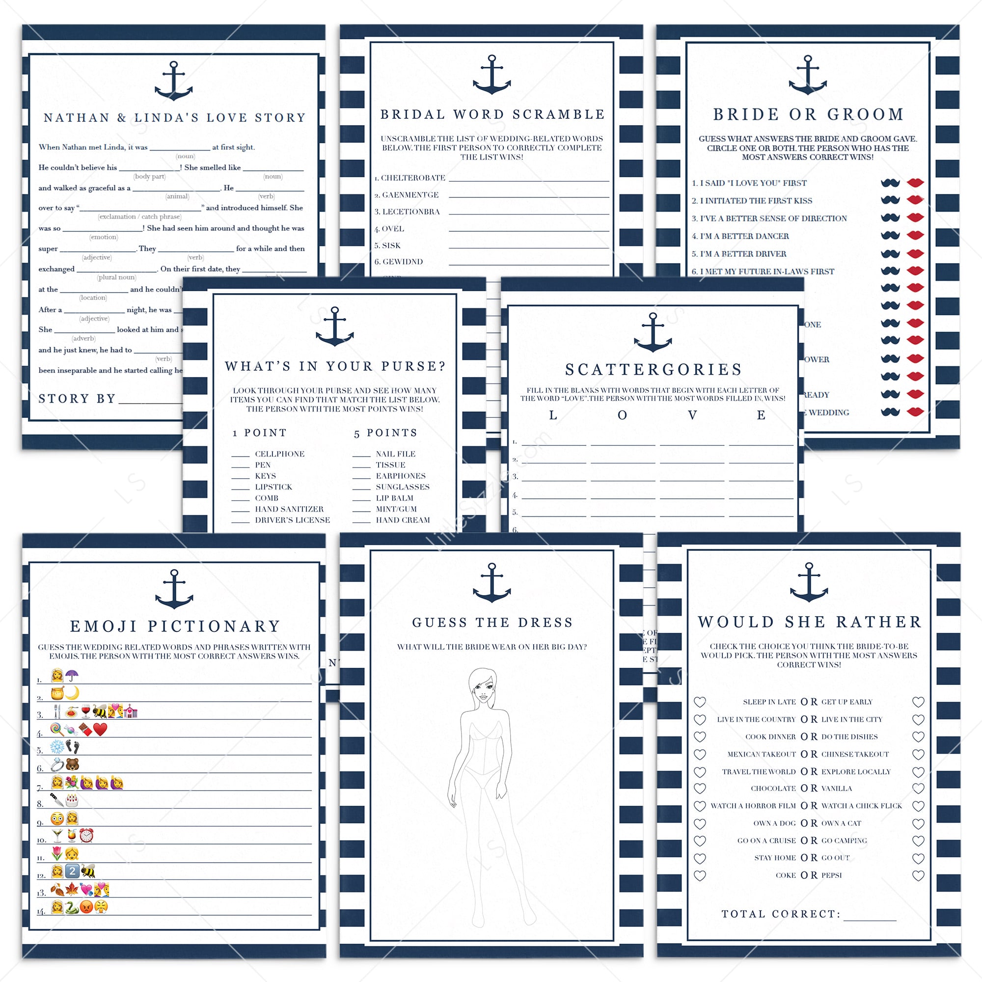 sailor bridal shower games bundle printables set of 8 by LittleSizzle