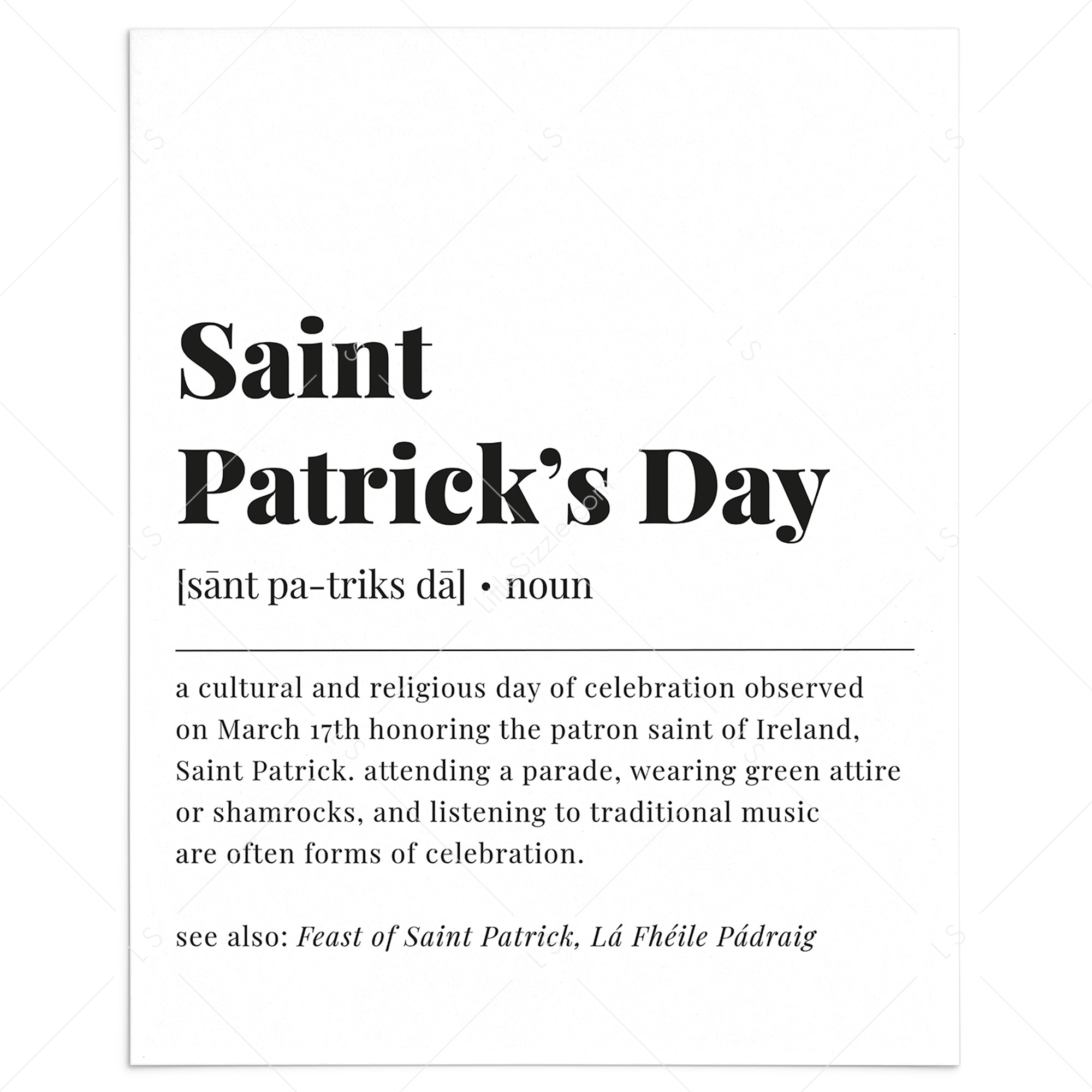 St Patricks Day Definition Print Instant Download by LittleSizzle
