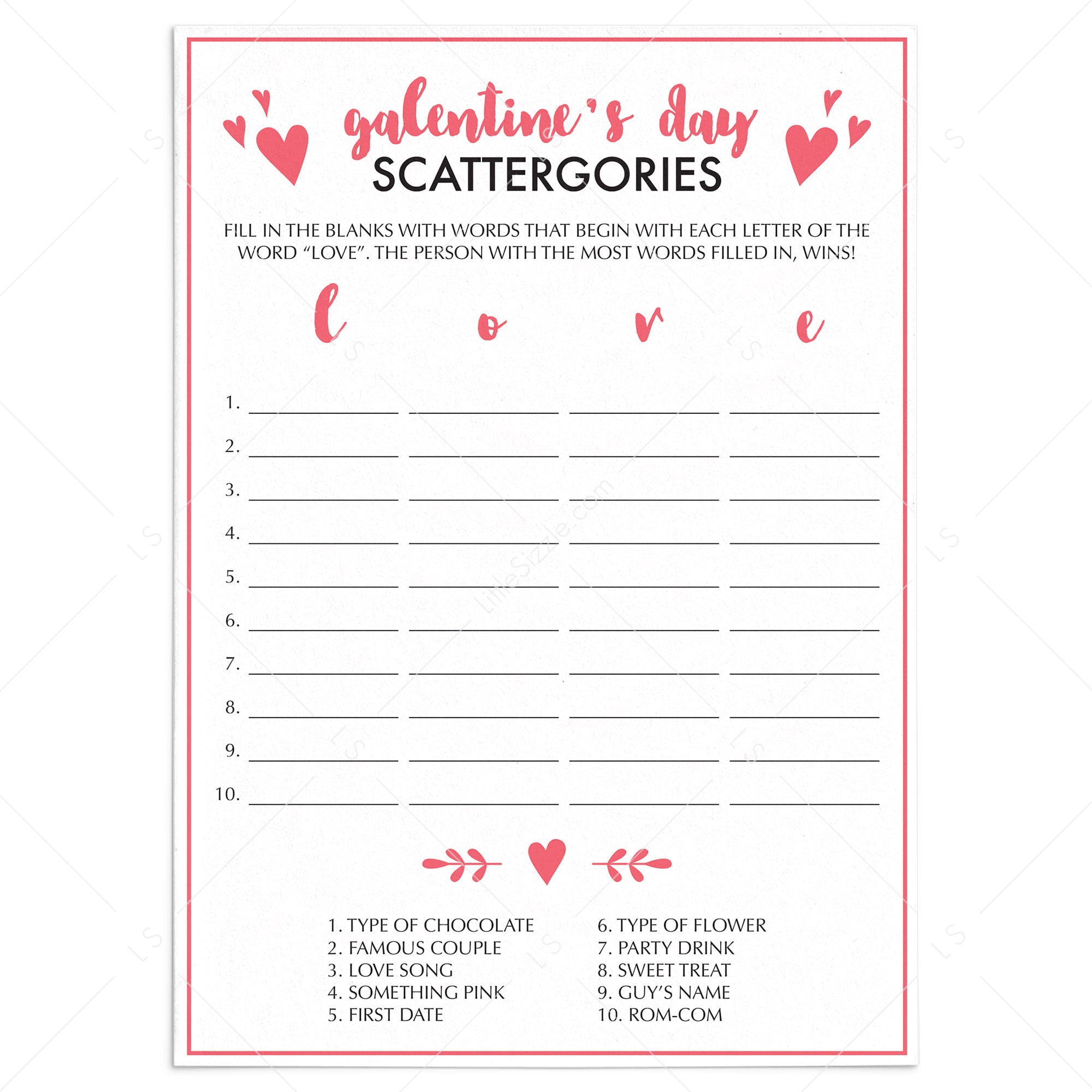 Printable and Virtual Scattergories Game for Galentine's Day Party by LittleSizzle