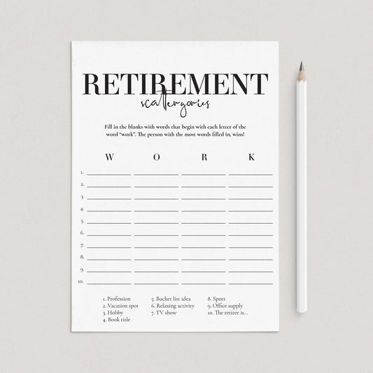 Retirement Scattergories Game Printable by LittleSizzle