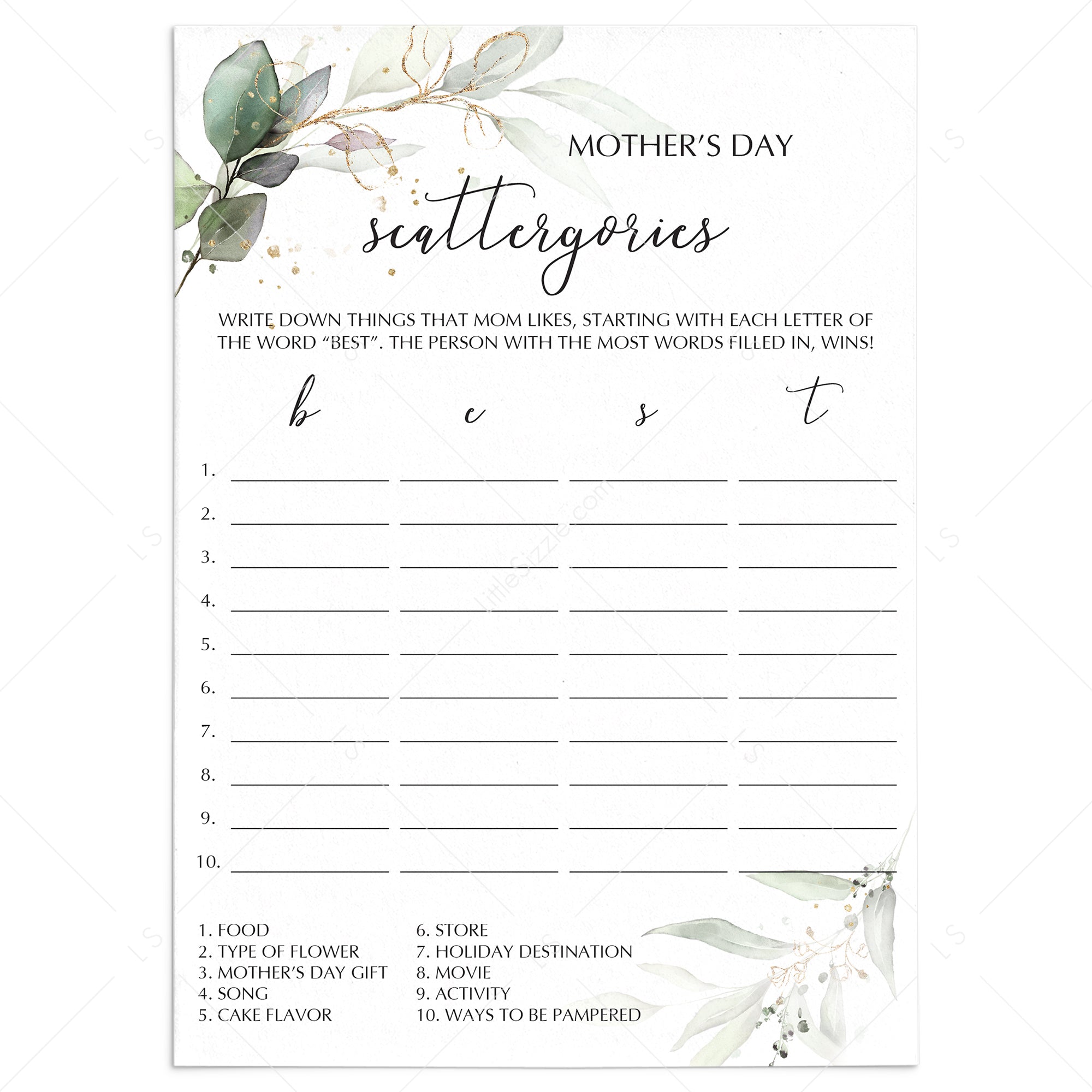 Printable Mothers Day Game Scattergories by LittleSizzle