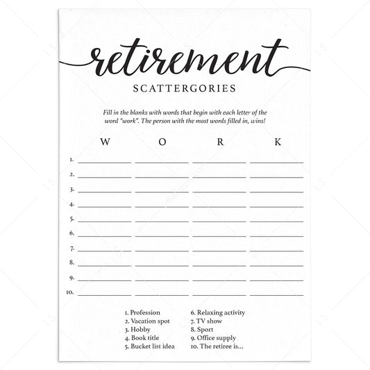 Retirement Party Game Scattergories Instant Download by LittleSizzle