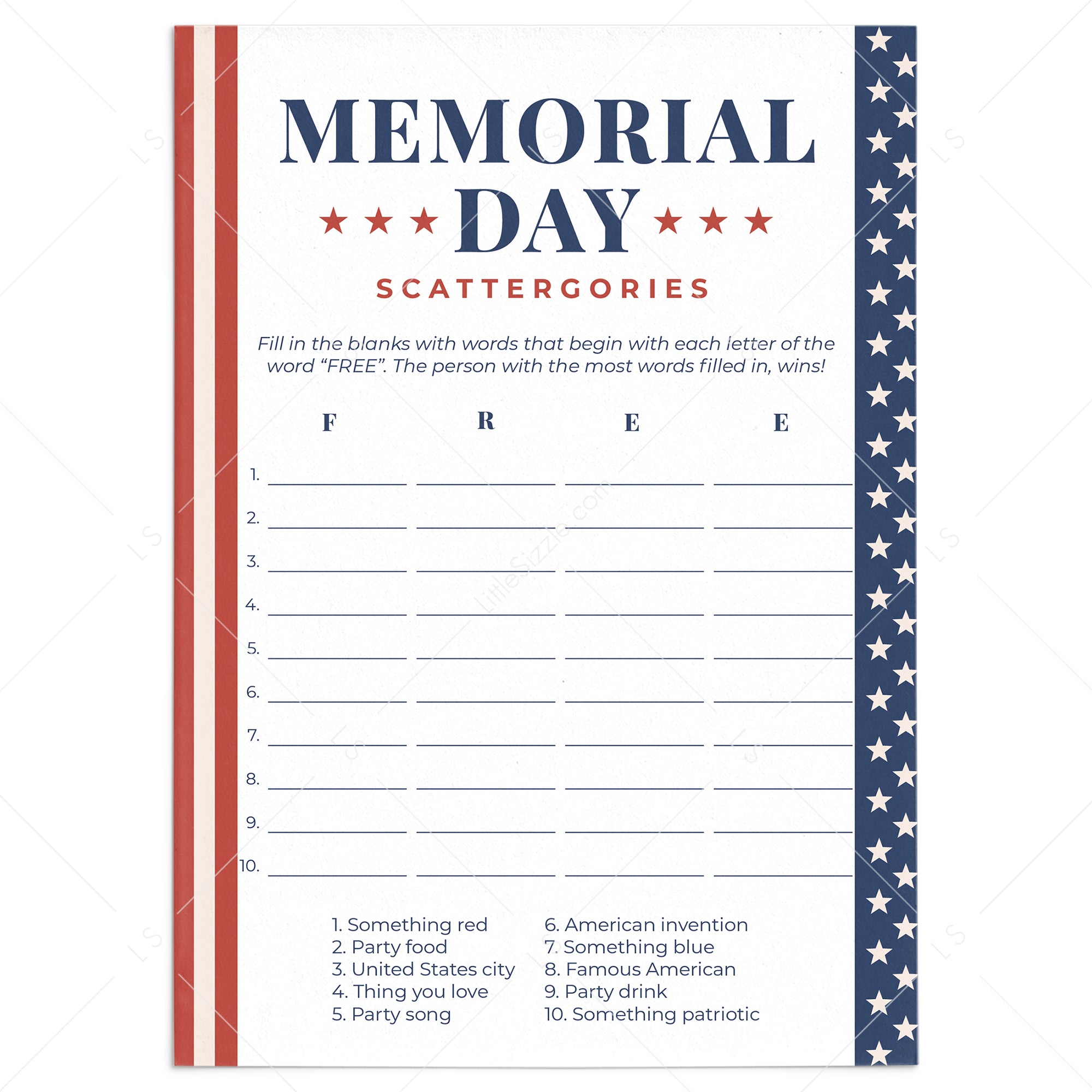 Memorial Day Game Printable Scattergories by LittleSizzle