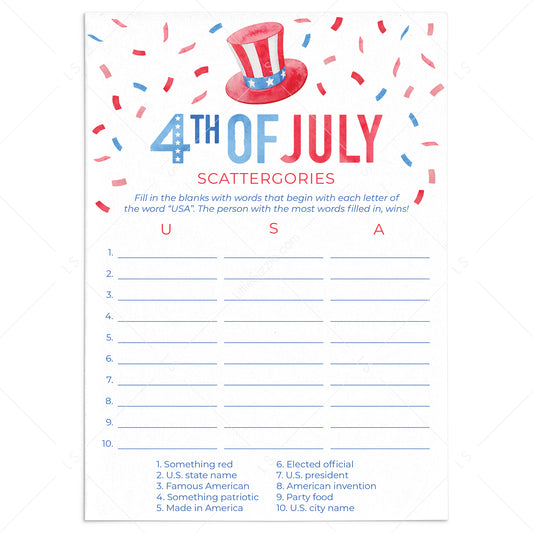 Printable USA Scattergories Game for 4th of July Party by LittleSizzle