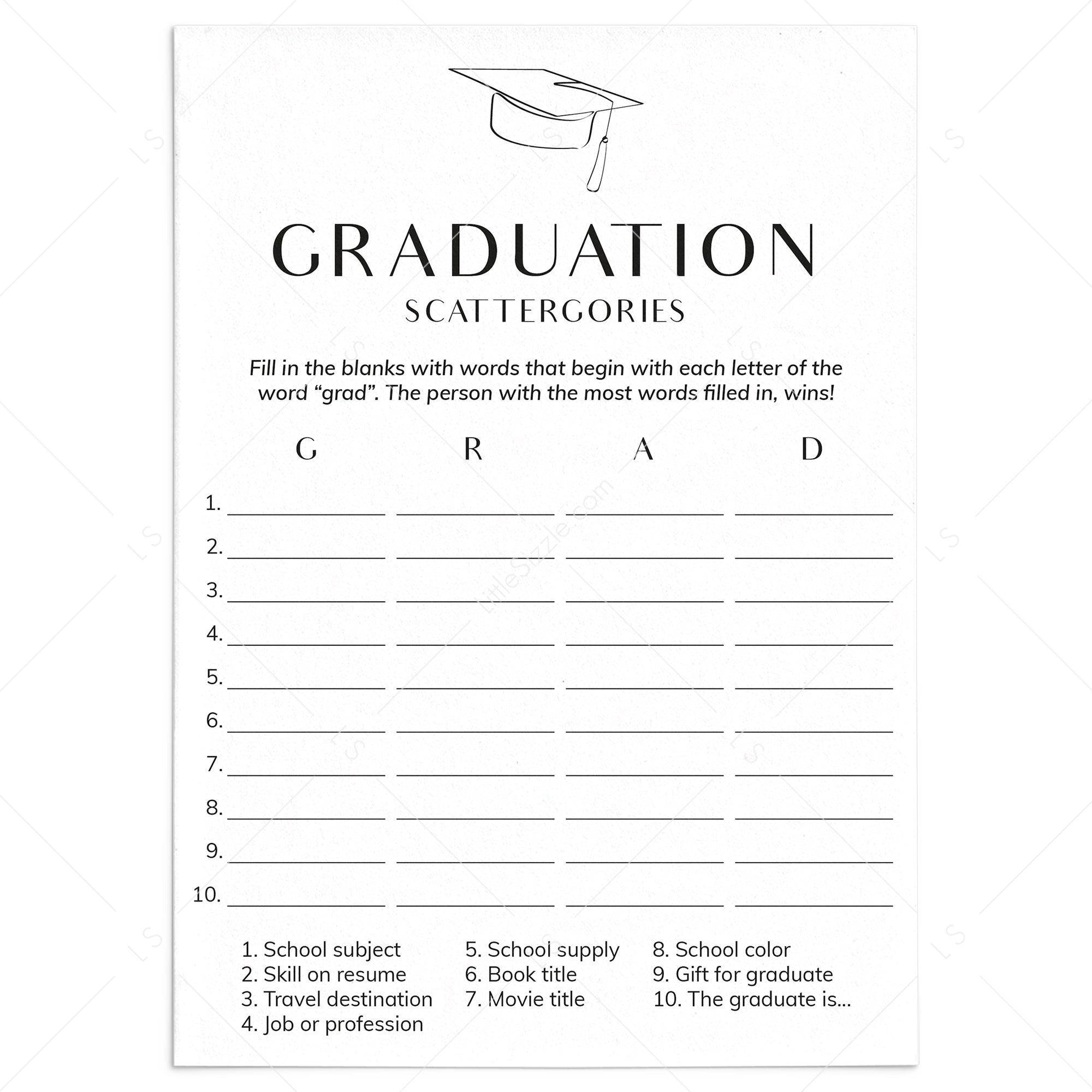 Simple Graduation Game Scattergories Printable by LittleSizzle