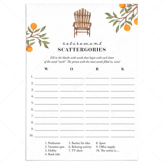 Printable Retirement Game Scattergories by LittleSizzle