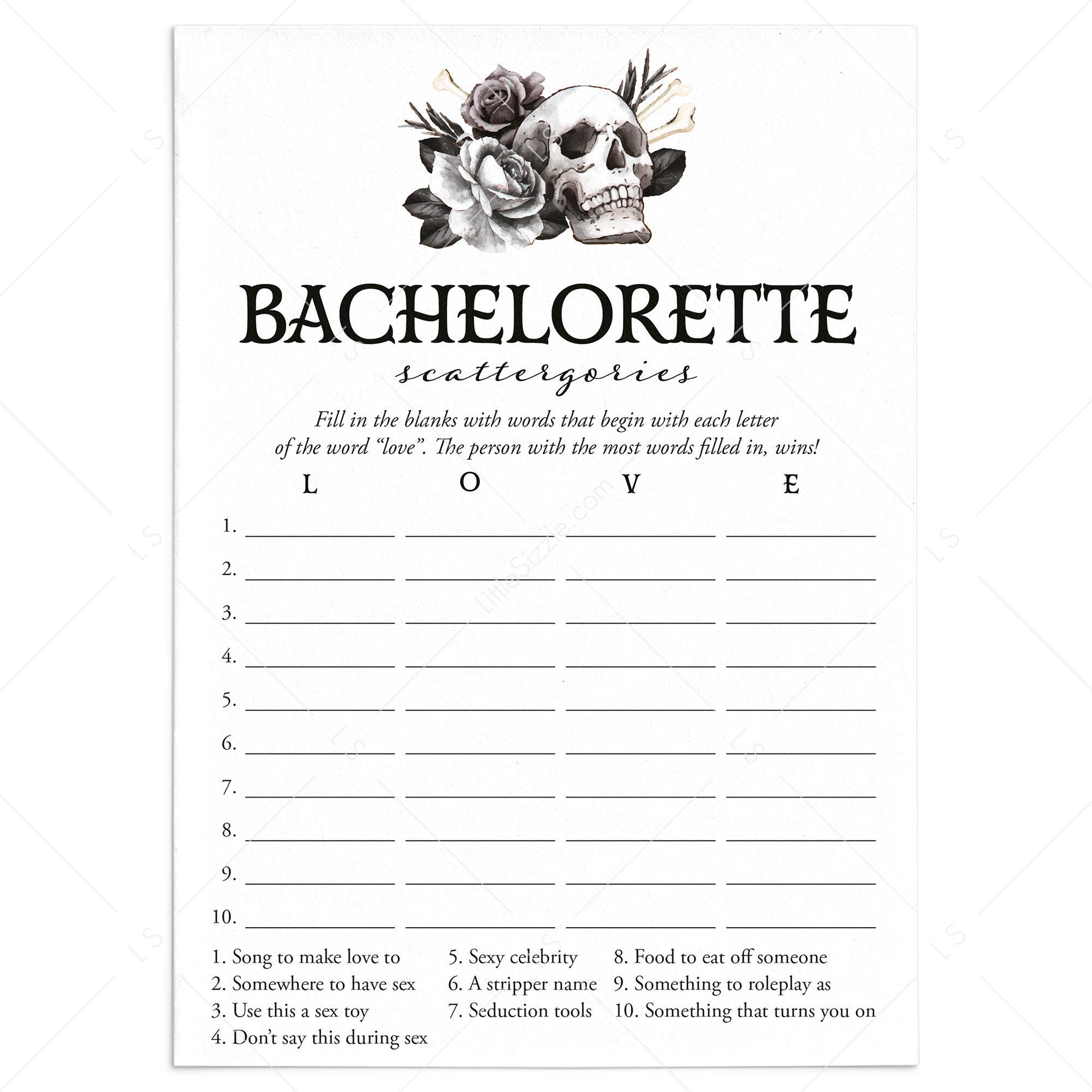Skull Bachelorette Party Game Scattergories Printable by LittleSizzle