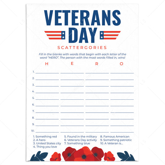 USA Veterans Day Game Scattergories Printable