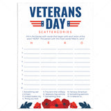 USA Veterans Day Game Scattergories Printable