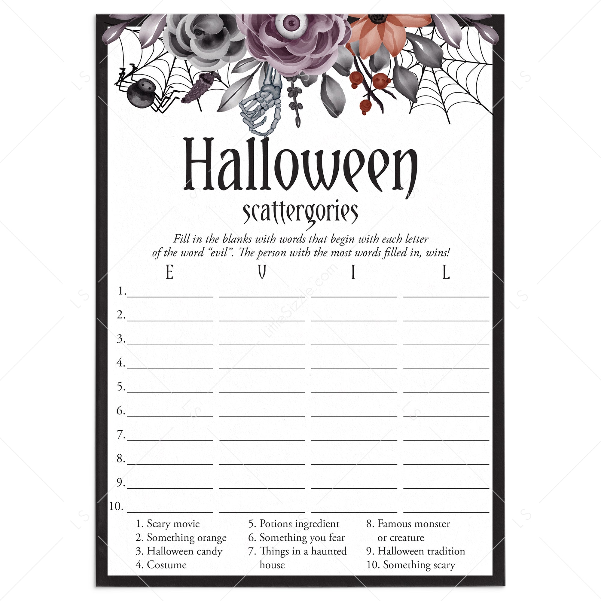 Floral Halloween Party Game Scattergories Download by LittleSizzle