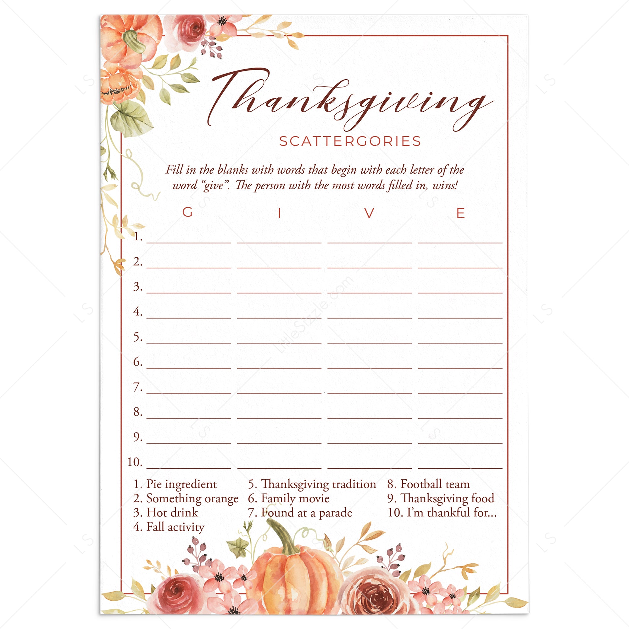 Thanksgiving Party Game Scattergories Printable by LittleSizzle