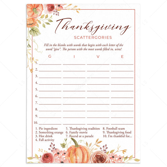 Thanksgiving Party Game Scattergories Printable by LittleSizzle