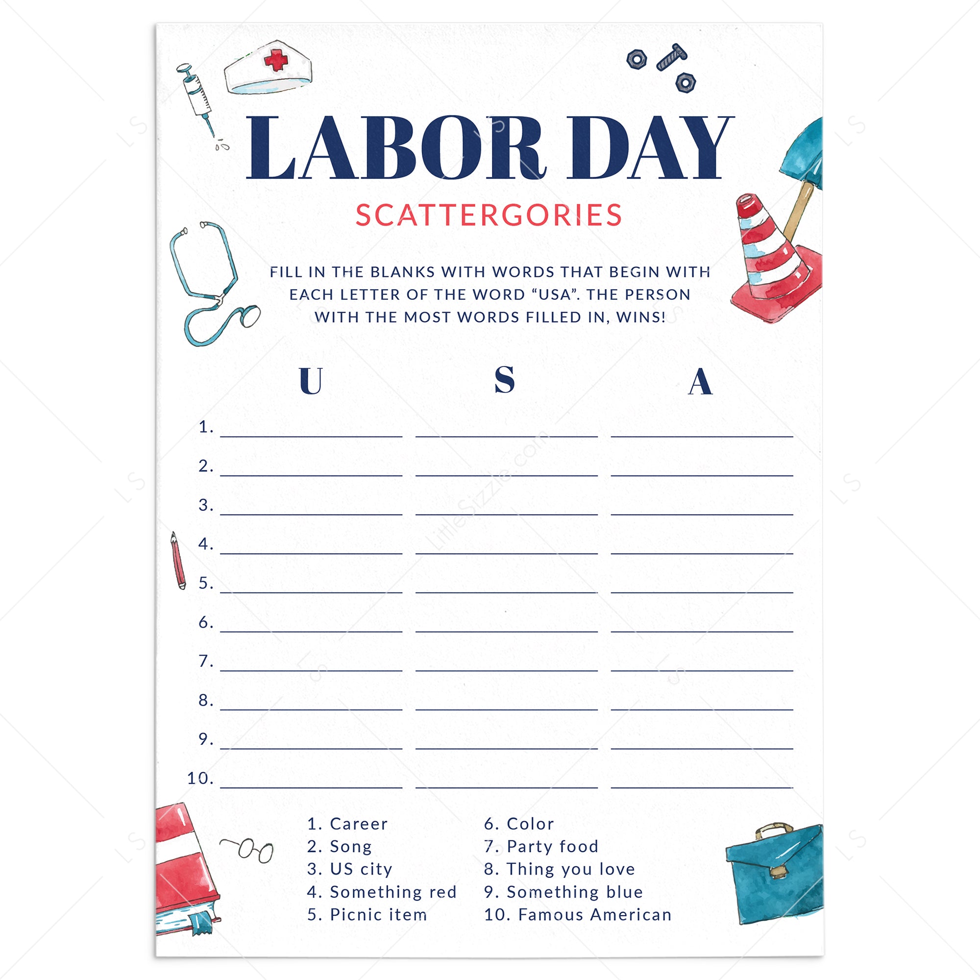 Labor Day Game Idea Scattergories Printable by LittleSizzle
