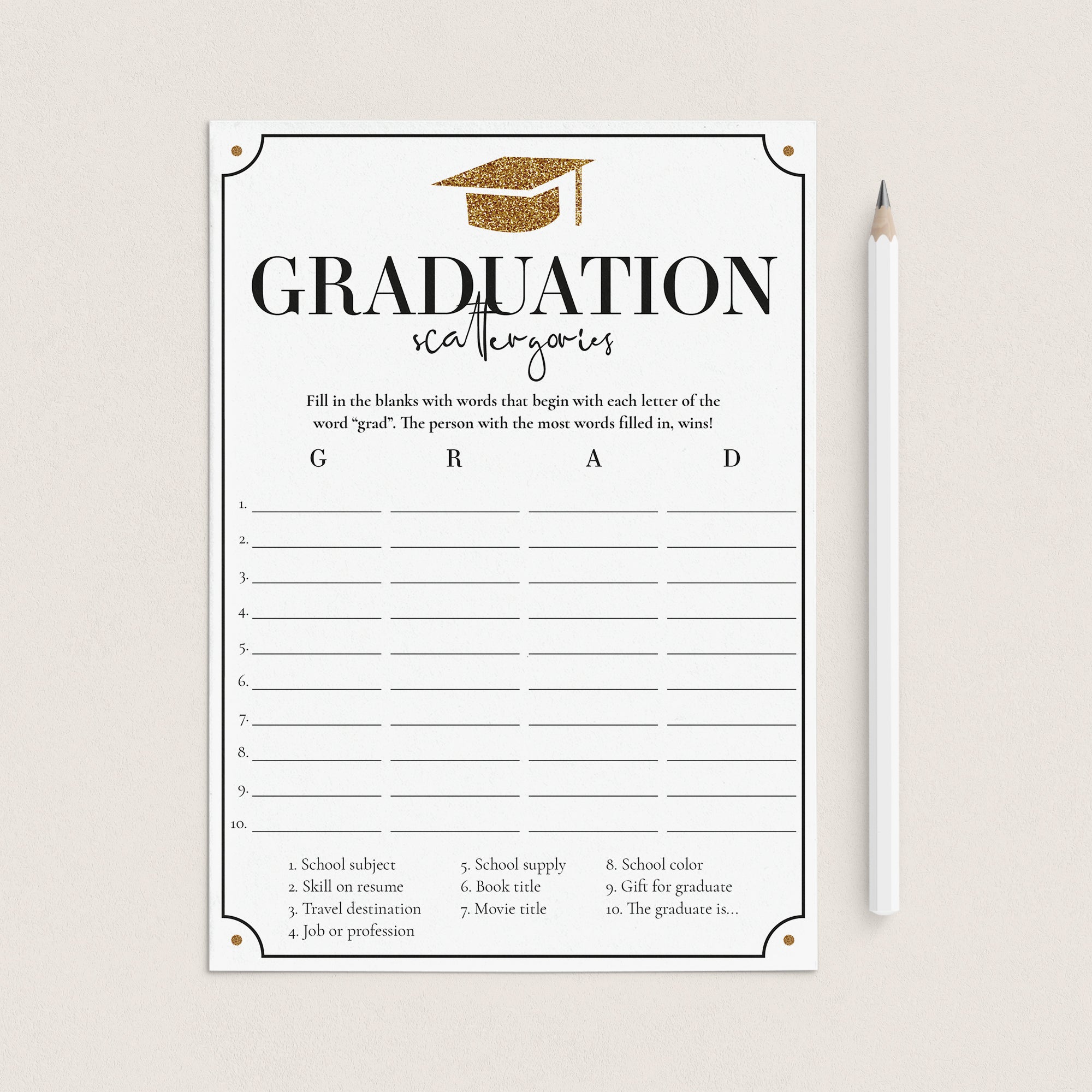 Grad Scattergories Graduation Party Game Printable by LittleSizzle