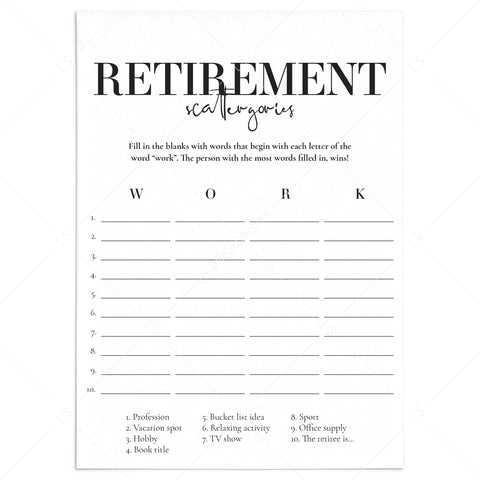 Retirement Scattergories Game Printable | Retirement Party Ideas ...