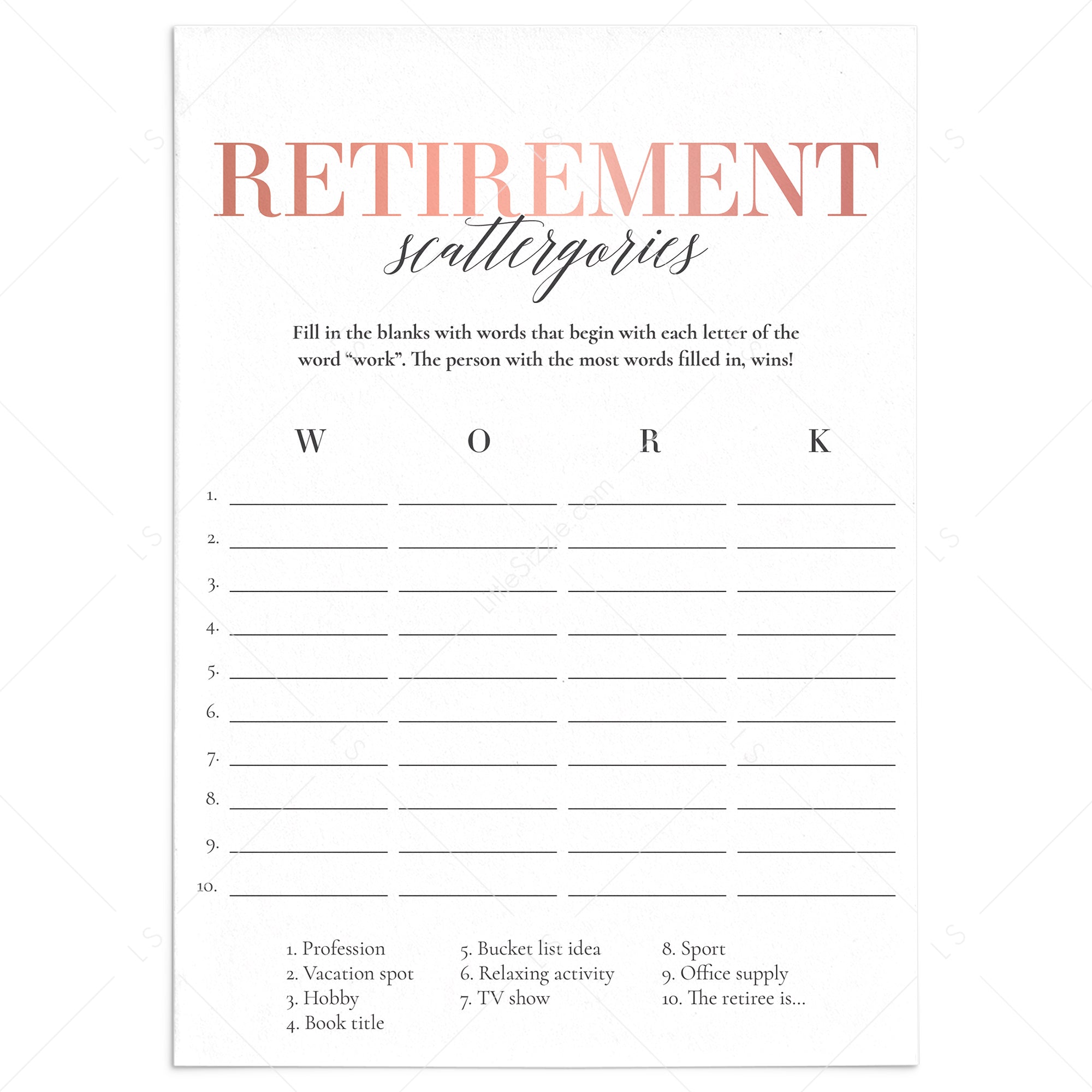 Women's Retirement Party Game Scattergories Printable by LittleSizzle