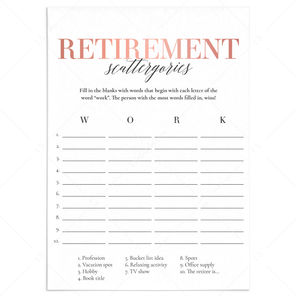 Retirement Scattergories Game Printable | Retirement Party Ideas ...