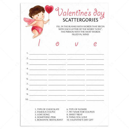 Valentine's Day Game Scattergories Instant Download by Littlesizzle