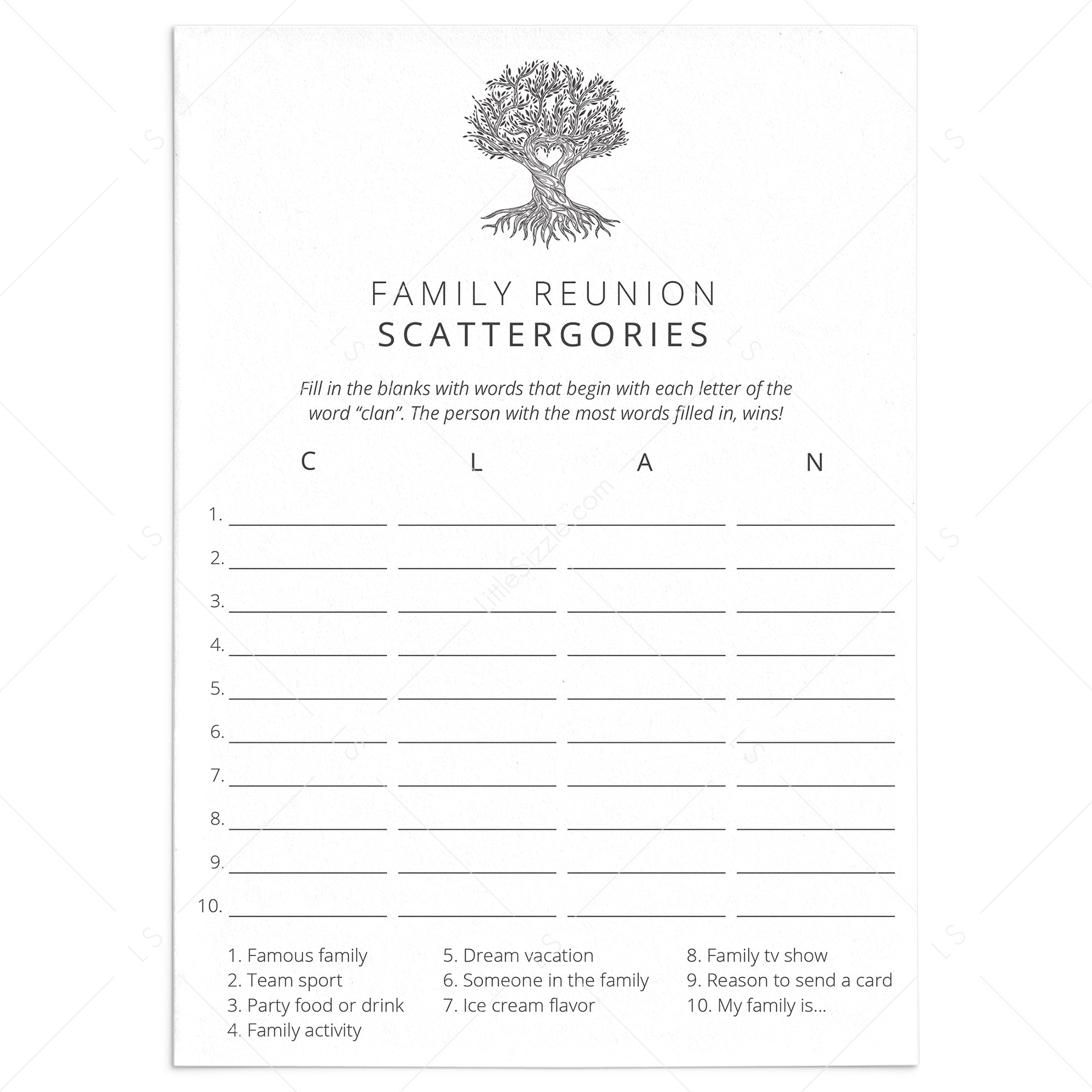 Printable Family Reunion Game Scattergories by LittleSizzle