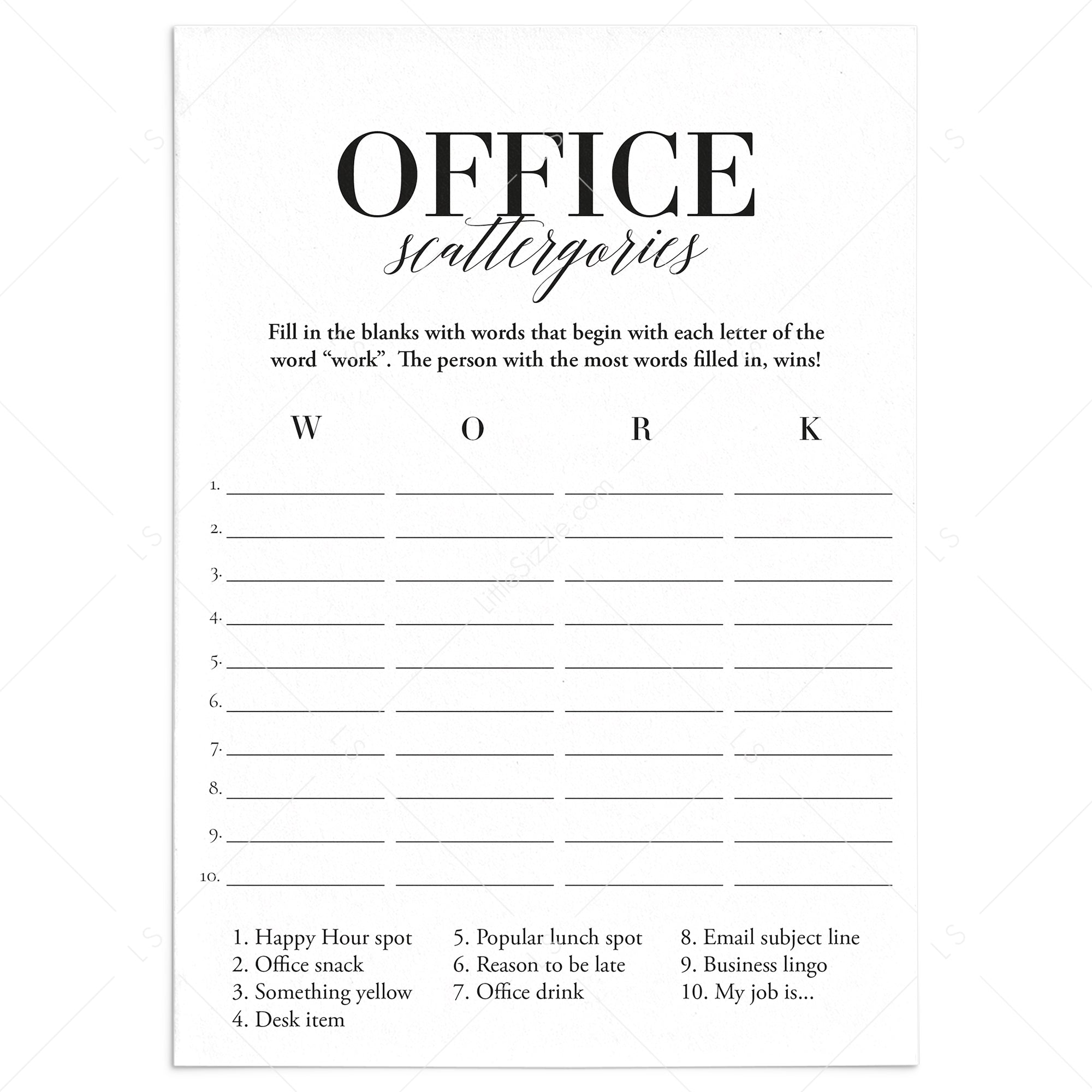 Office Party Game Scattergories Printable by LittleSizzle