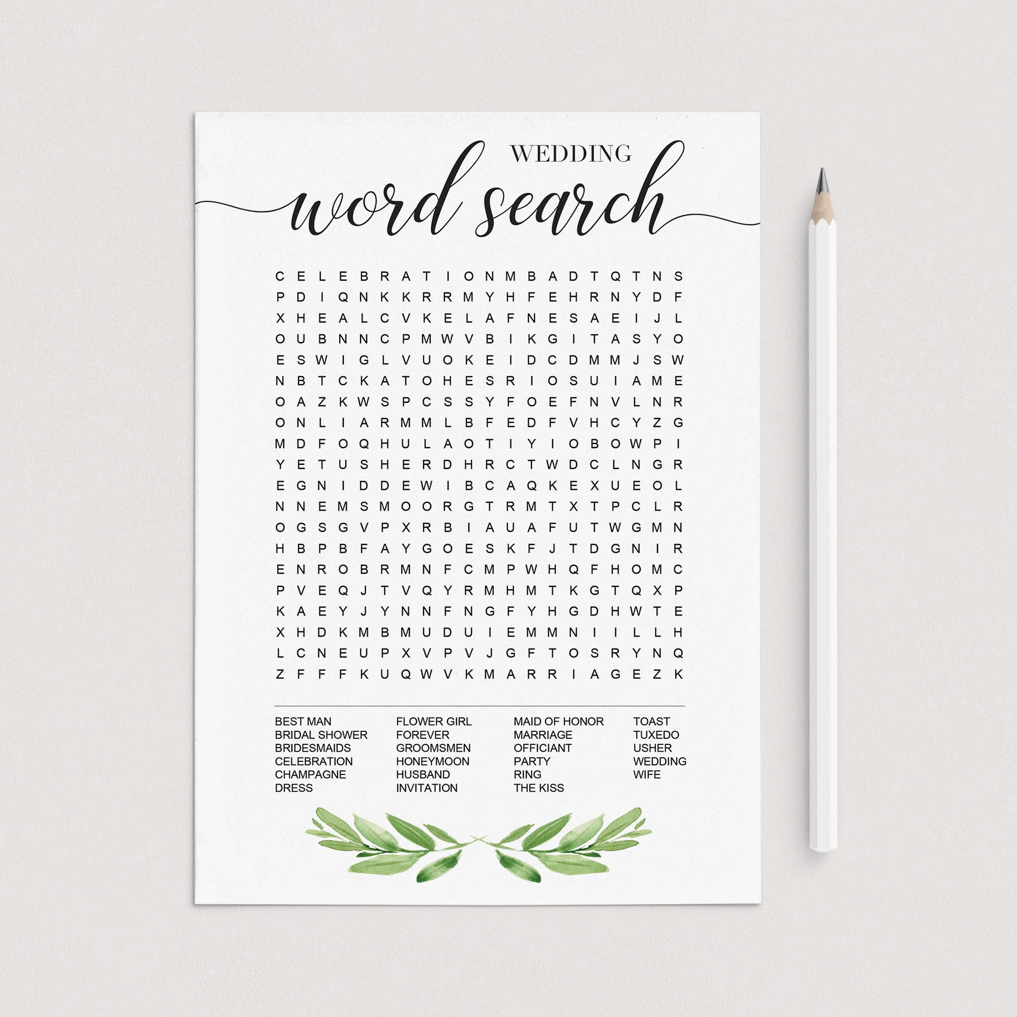 greenery bridal shower word search game
