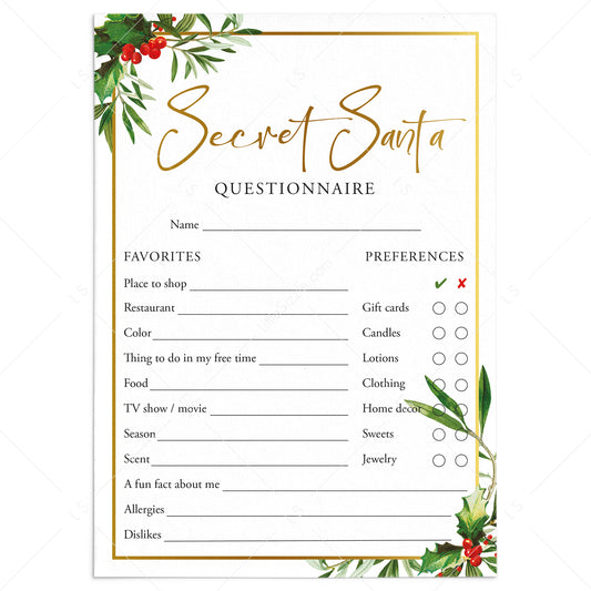 Secret Santa Questions Form for Adults Printable by LittleSizzle