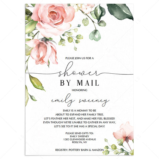 Blush Floral Shower By Mail Invitation Editable Template by LittleSizzle