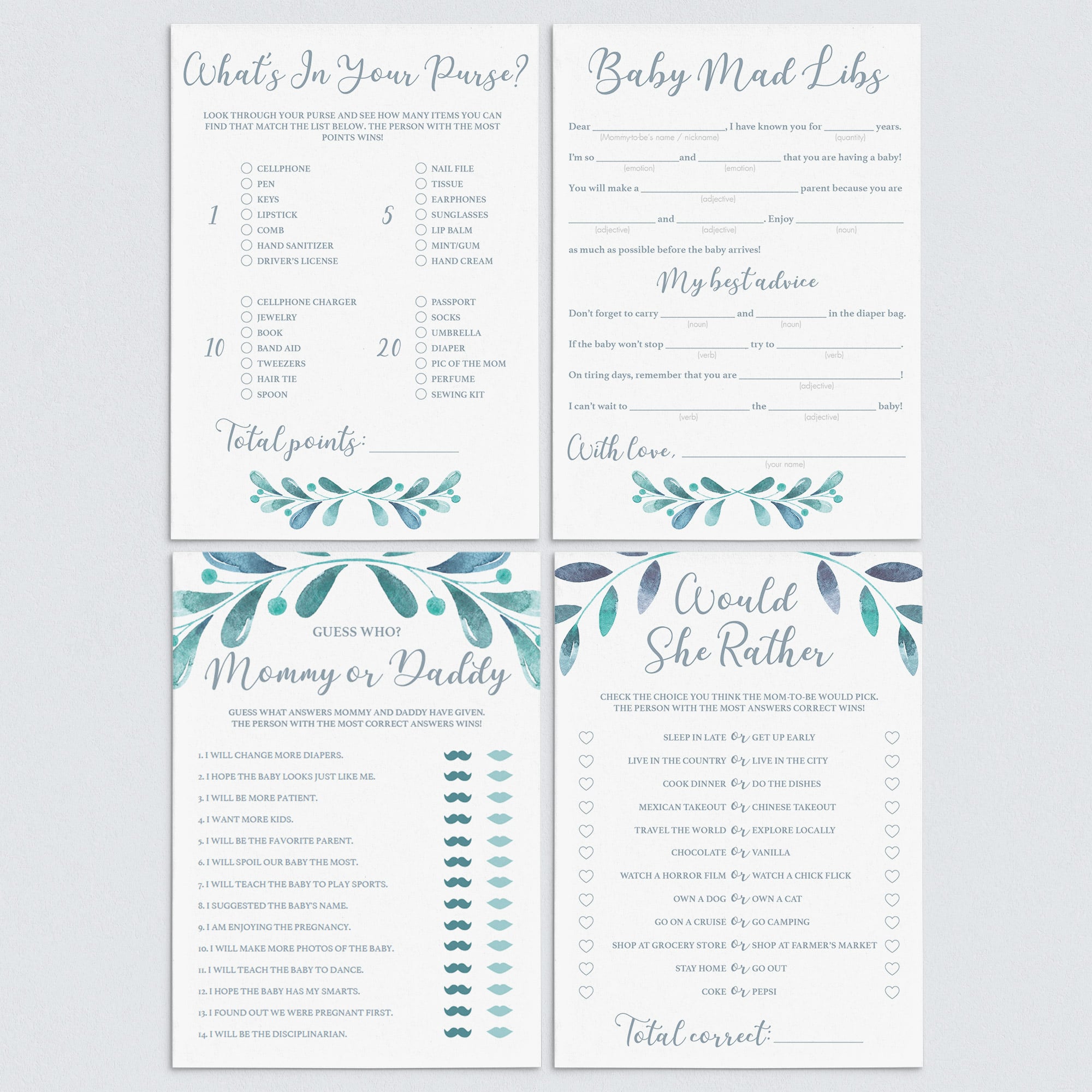 Teal Baby Shower Games Package Printable by LittleSizzle