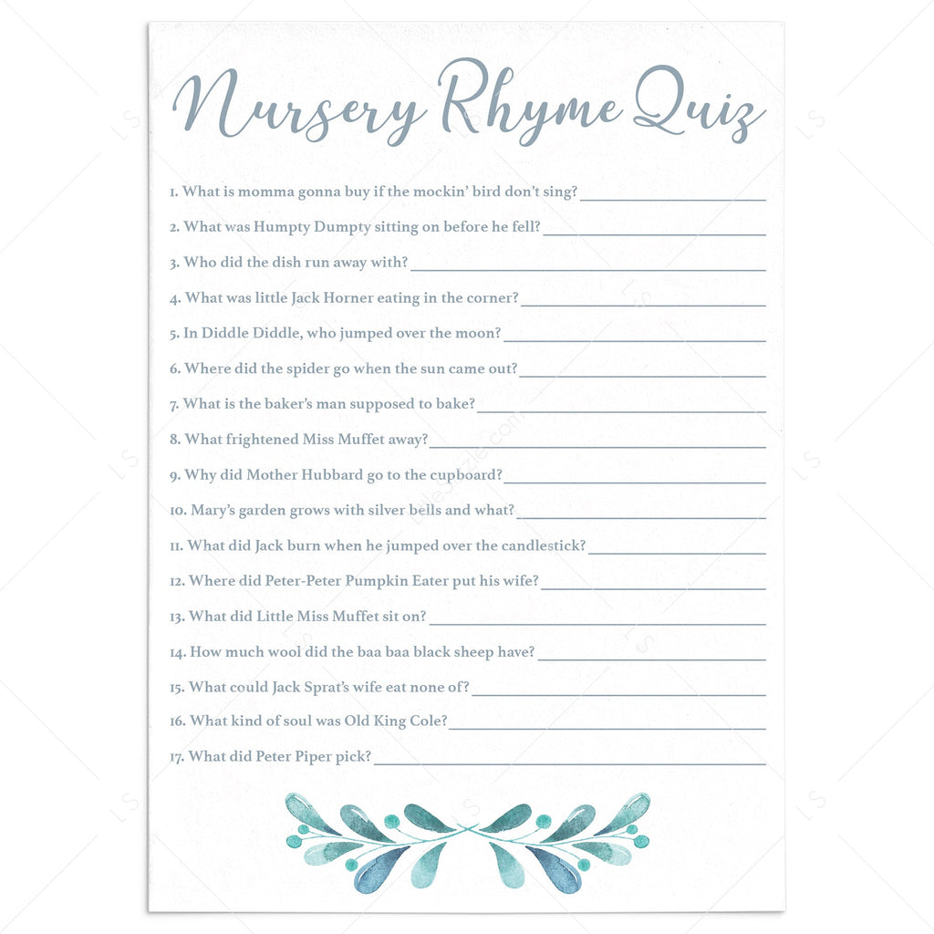 Blue and Silver Baby Shower Games | Nursery Rhyme Quiz Printable ...