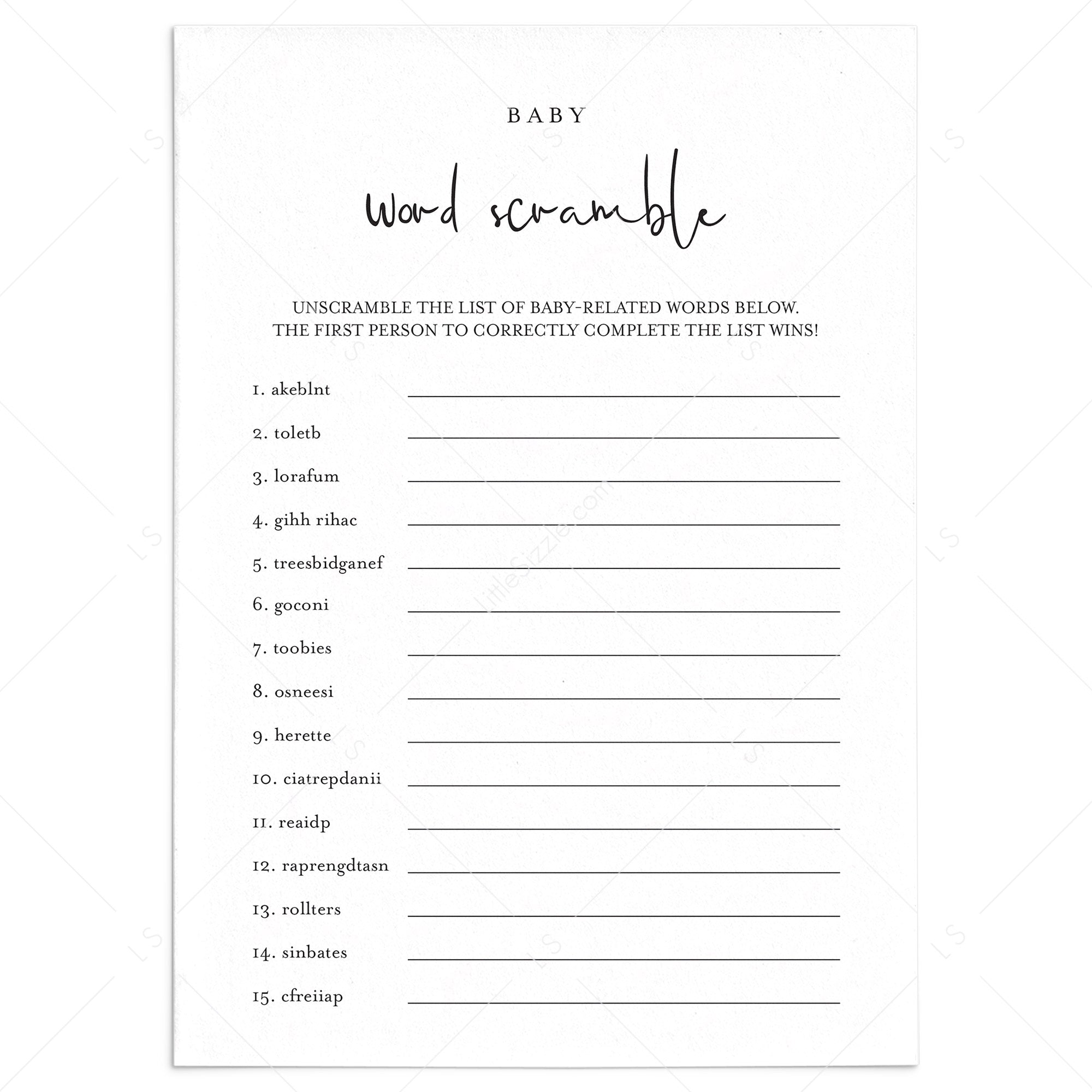 Word Scramble BabyShower Game Printable by LittleSizzle