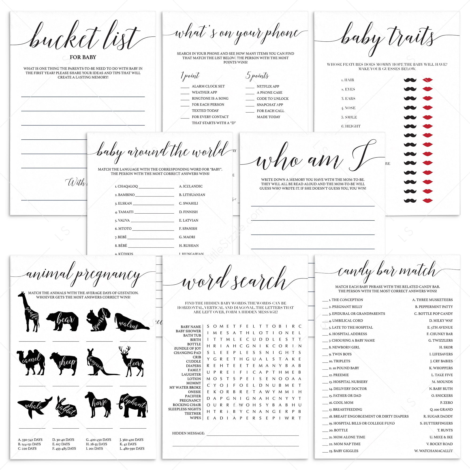 Black and White Baby Shower Games Package Printable by LittleSizzle