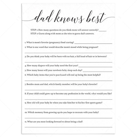 Neutral baby shower games Dad Knows Best printable | Editable template ...