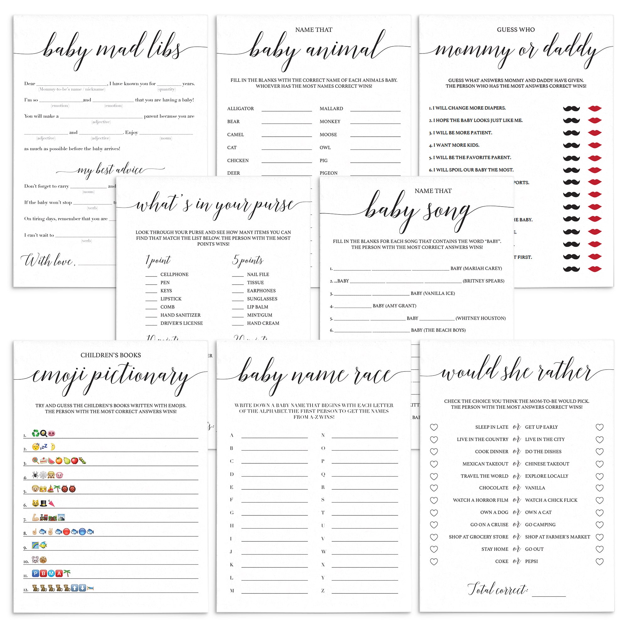 Modern Calligraphy Baby Shower Game Bundle Instant Download by LittleSizzle