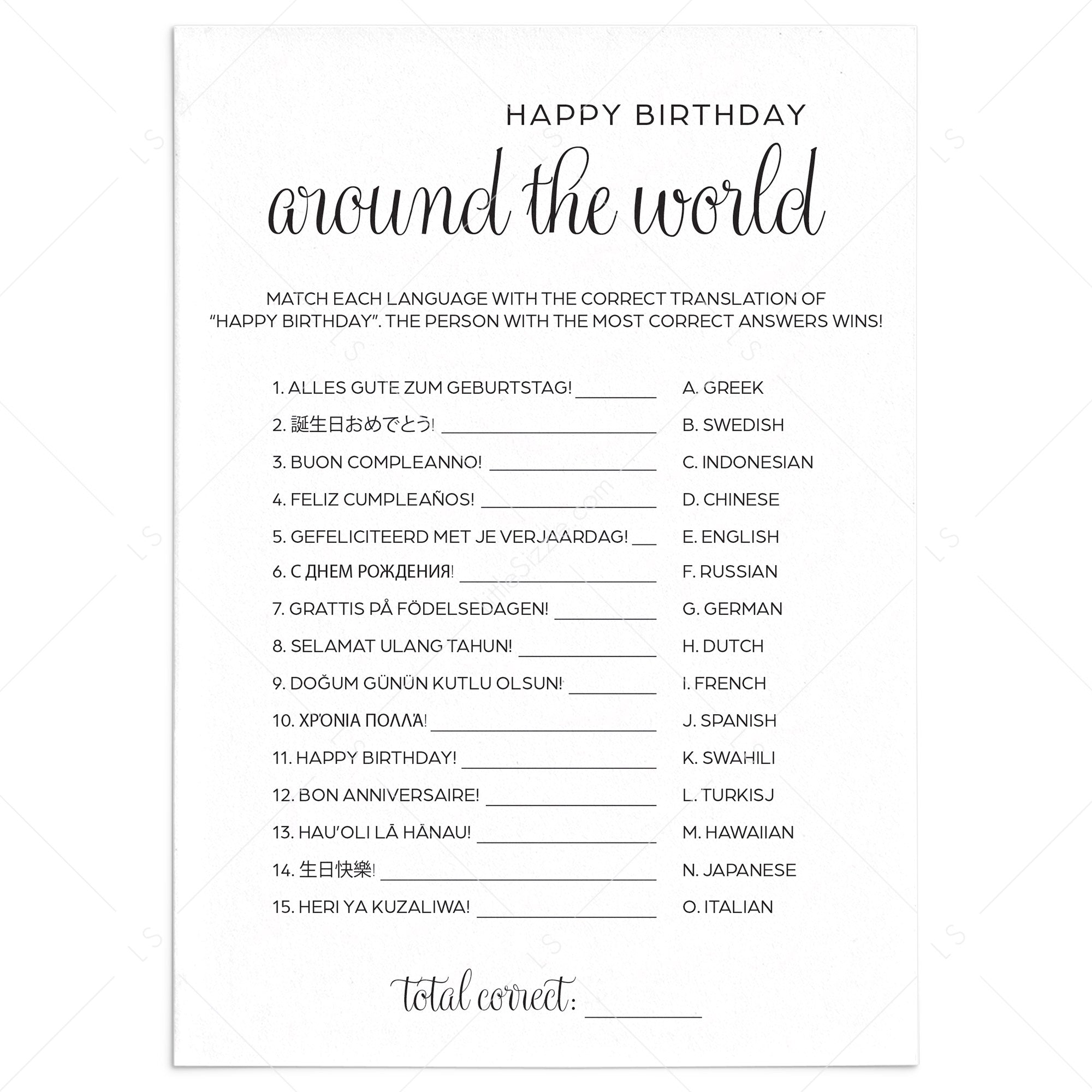 Minimalist Birthday Party Game Printable Happy Birthday in Different Languages by LittleSizzle
